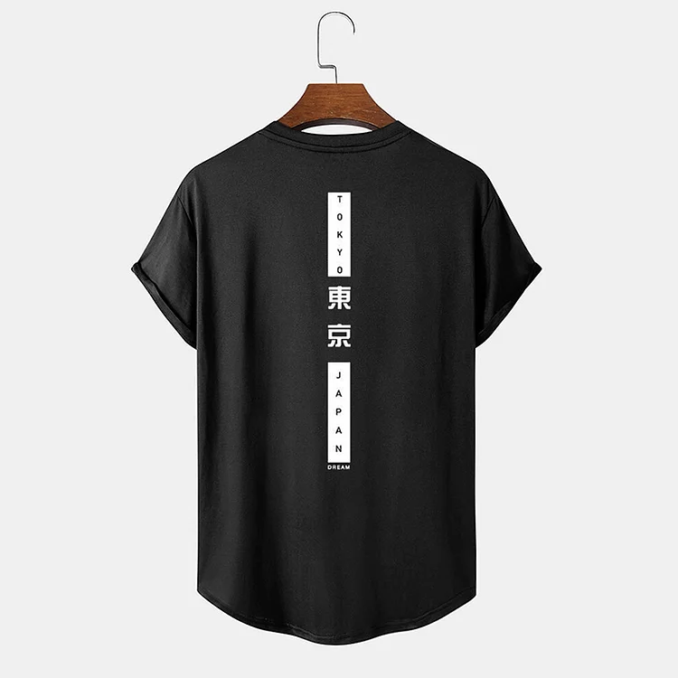 Letter Character Back Print Curved Hem Short Sleeve T-Shirts