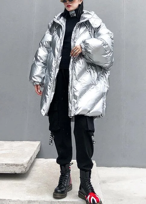 silver Parkas for women oversized down jacket winter outwear hooded