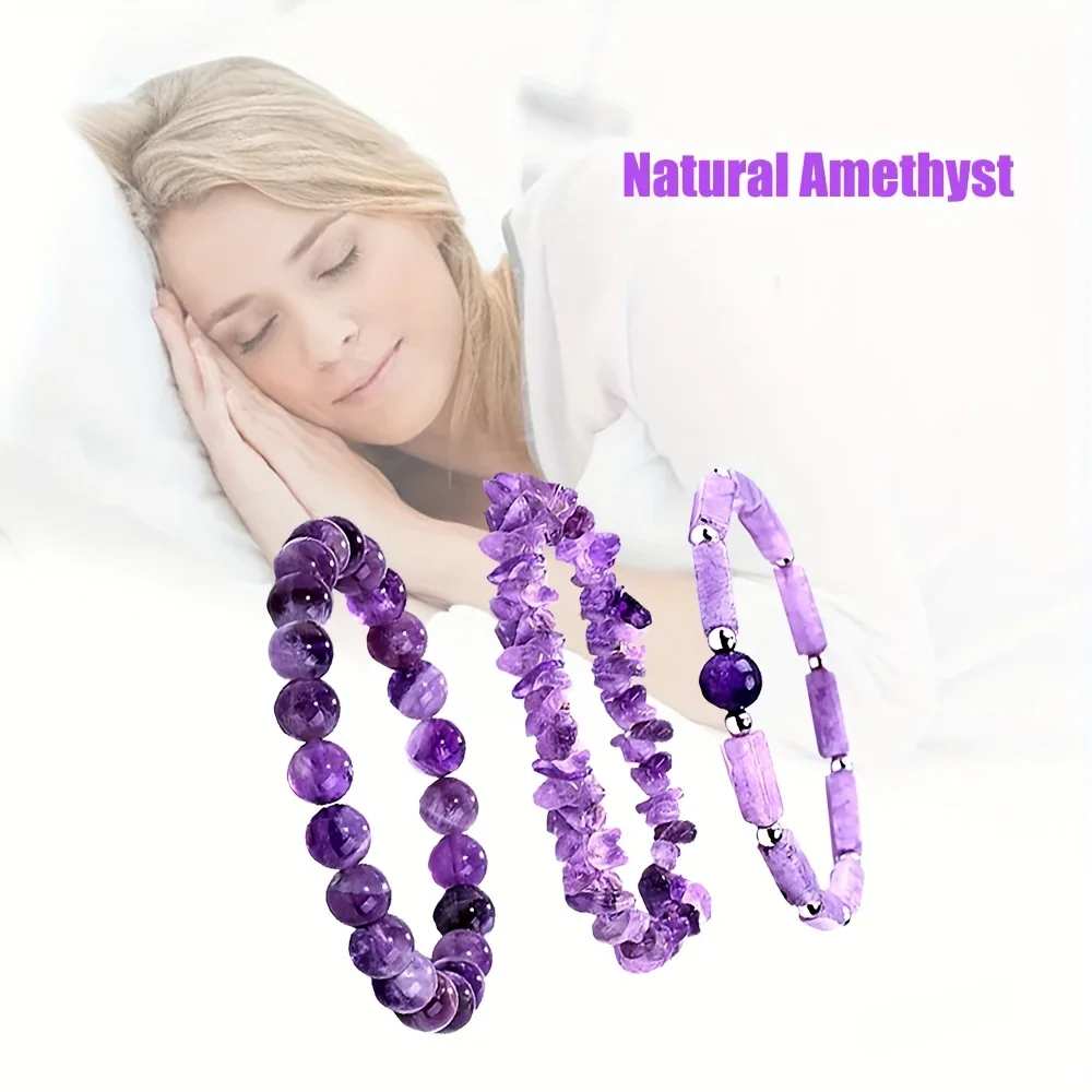 Natural Amethyst Healing Crystal Bracelet Set, Energy Stone Women's Bracelet, Holiday Gift for Girlfriend and Mom, 3-Piece Set