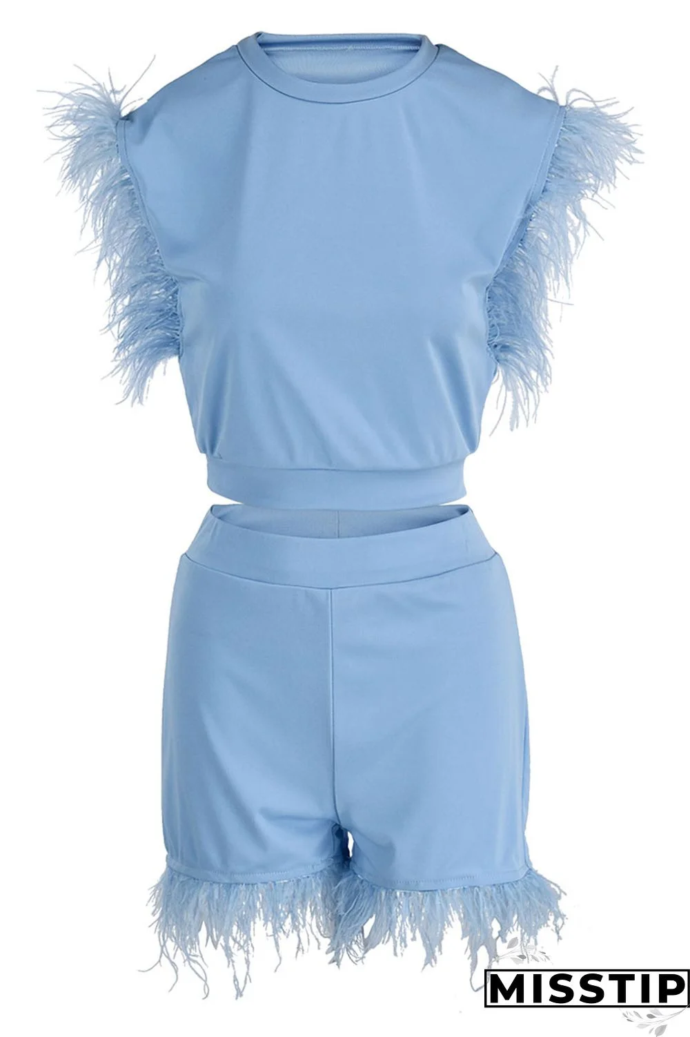 Sky Blue Fashion Casual Solid Patchwork Feathers O Neck Sleeveless Two Pieces