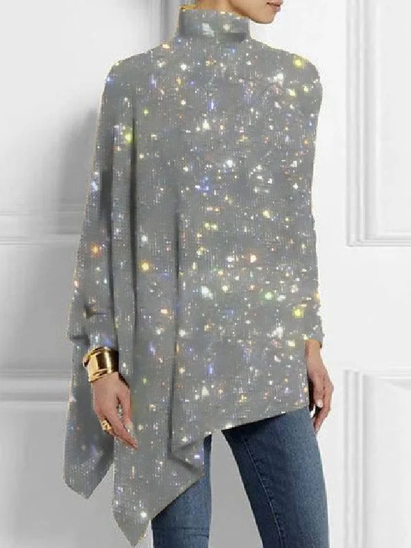 Long Sleeves Loose Printed Shiny High Neck T-Shirts Tops