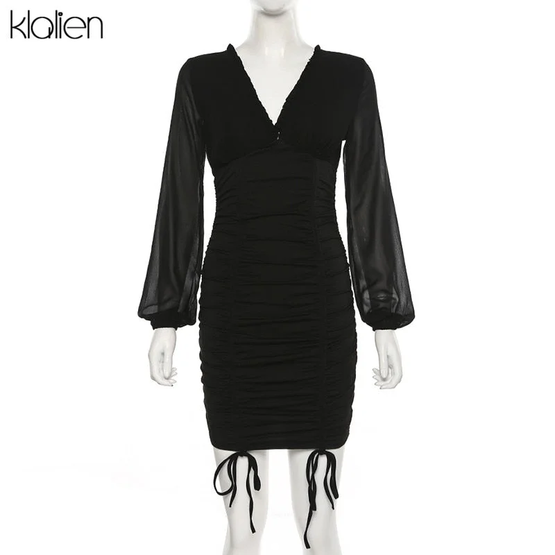 KLALIEN Mesh Long Sleeve V-Neck Solid Sexy Slim Drawstring Ruched Lady Dress 2021 Autumn Sexy Party Night Dresses Women