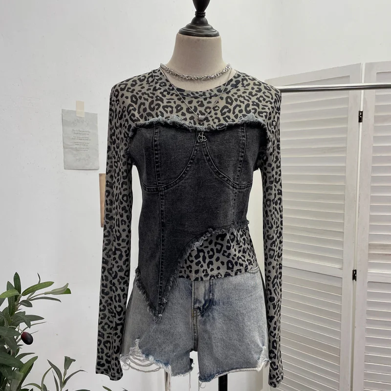 Nigikala Nigikala Shooting Fashion Leopard Tard Tard Babes Mesh Splicing Denim Irregular Bottom Shirt Short Top 2617