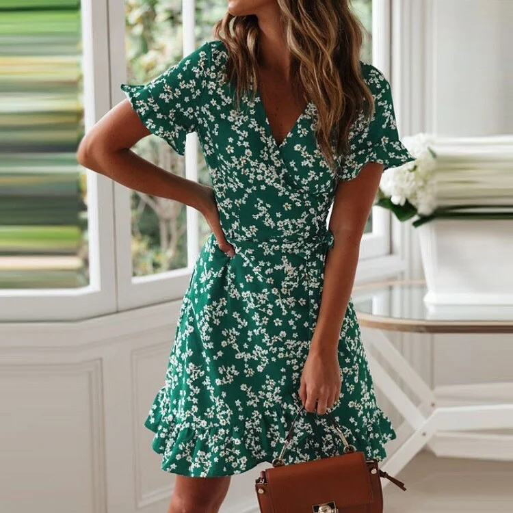 2019 New Women Summer Dress Print Boho Style Chiffon Beach Dress Elegant A Line Sexy V Neck Ruffle Mini Dress Vestidos