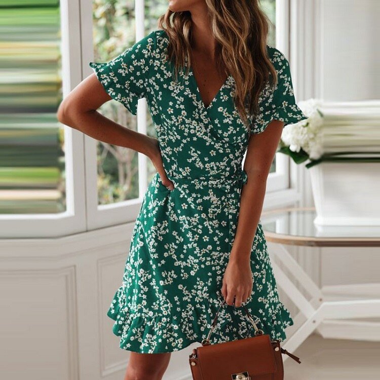 2019 New Women Summer Dress Print Boho Style Chiffon Beach Dress Elegant A Line Sexy V Neck Ruffle Mini Dress Vestidos