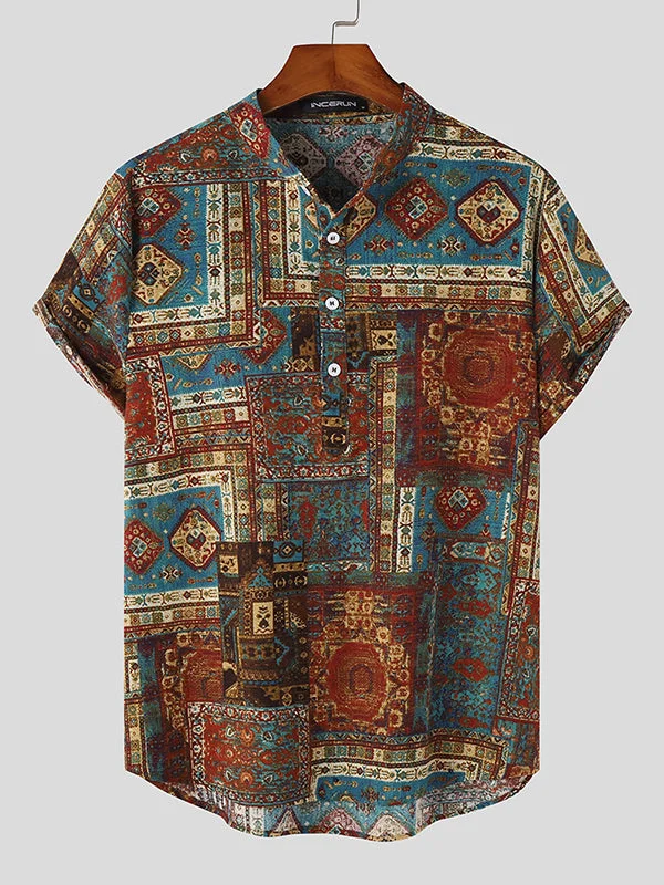 Aonga - Mens Ethnic Print Cotton&Linen Lapel Shirt K