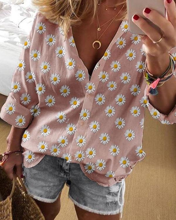 Daisy Print Lapel Deep V-Neck Blouse