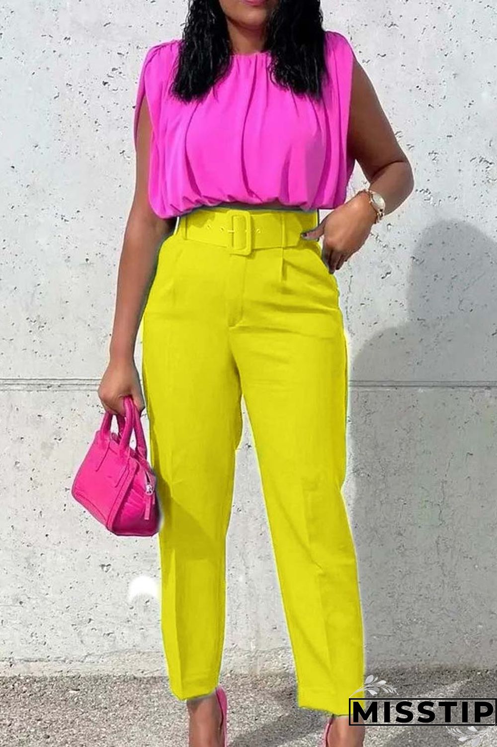 Pink Casual Solid Patchwork With Belt Regular High Waist Conventional Solid Color Trousers