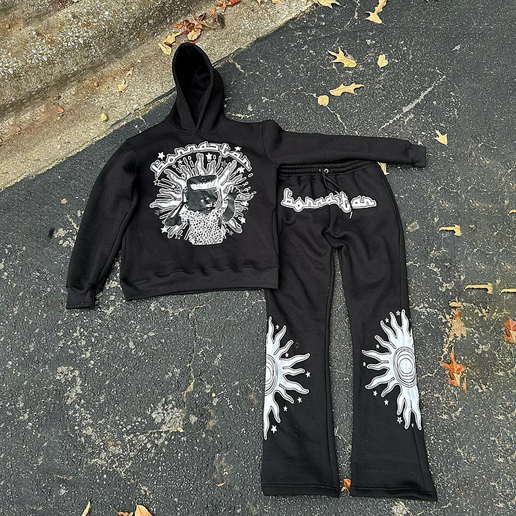 Bornastar Print Hip Hop Hoodie & Flared Trousers Two Piece Set