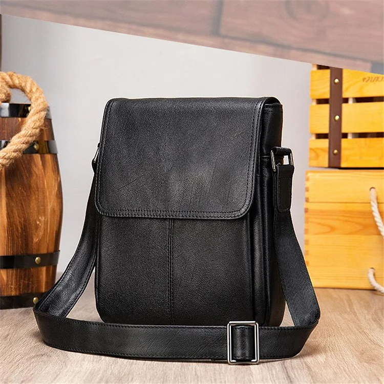 Black Single Tone Foldover Top Adjustable Sling Soft Leather Messenger Bag