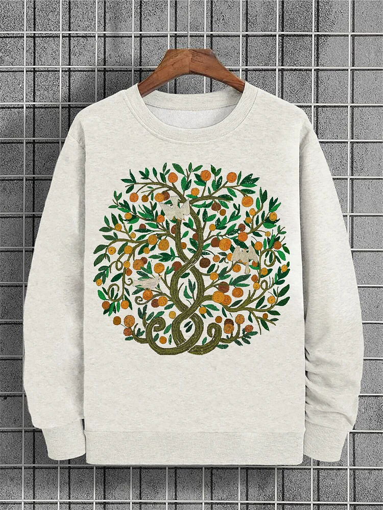 85% Cotton Men's Flowers Plants Branches Birds Illustration Print Casual Sweatshirt