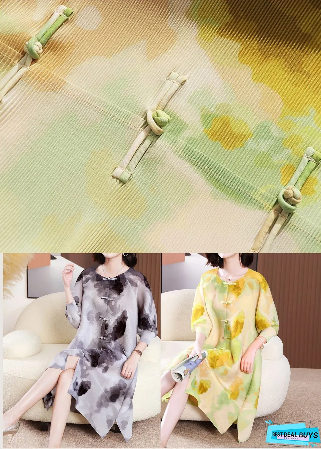 Yellow Print Long Dresses Chinese Button Side Open Summer