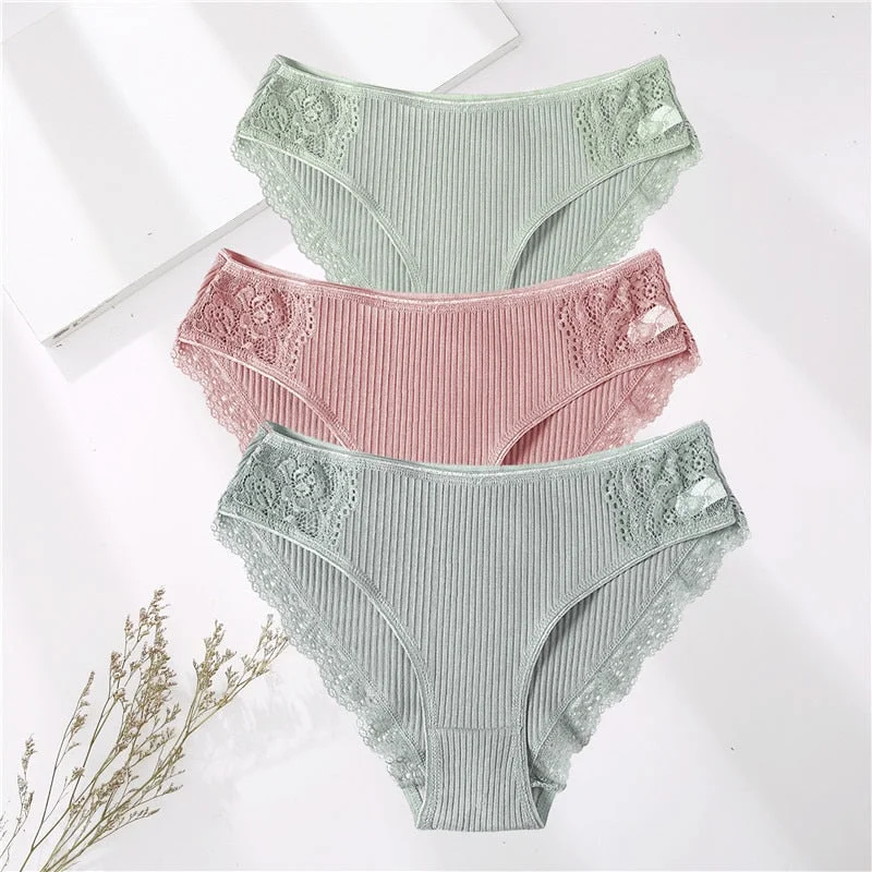 FINETOO 3PCS/Set M-XXL Cotton Underwear Women's Panties Comfort Underpants Floral Lace Briefs For Woman Sexy Low-Rise Intimates