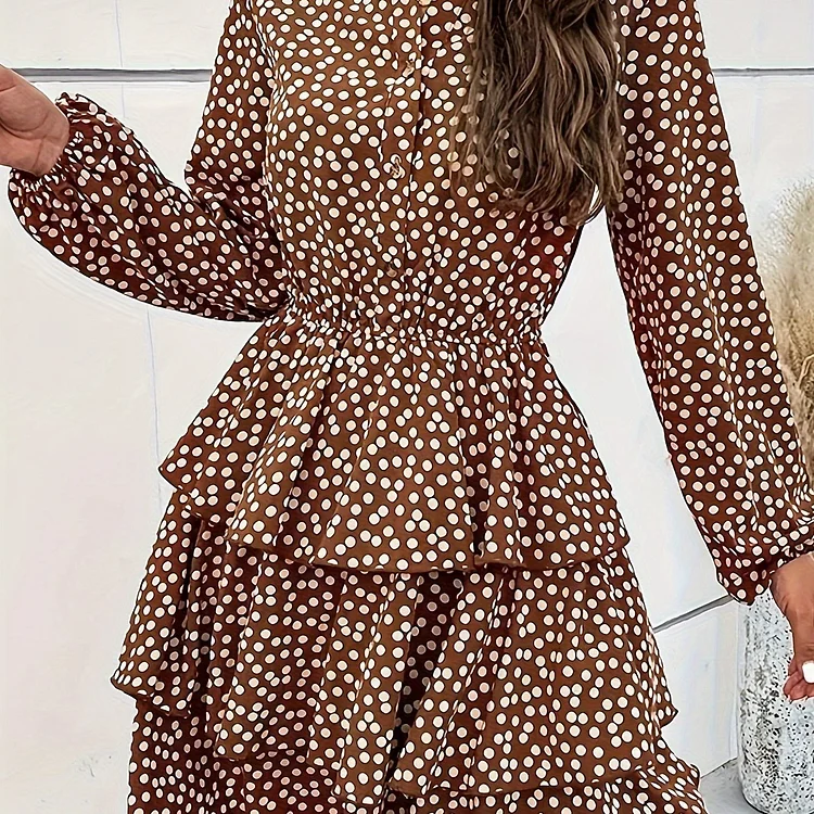 Polka Dot Print Lantern Sleeve Dress, Casual Notch Neck Tiered Dress For Spring & Fall, Women's Clothing