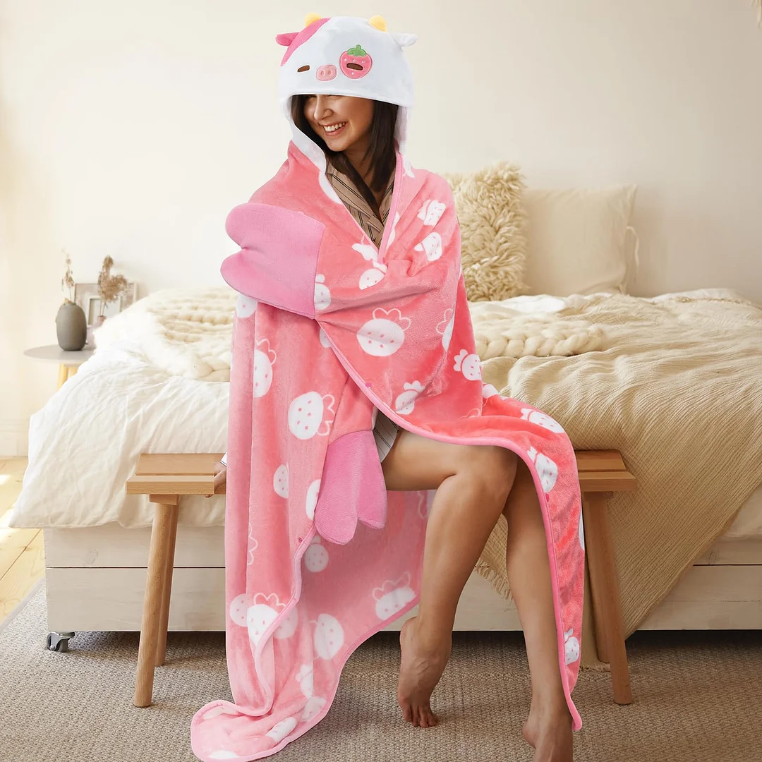 Mewaii® Strawberry Cow Wearable Blanket Hoodie Oversized Flannel Sweatshirt Blanket Warm & Cozy Hooded Blanket Gifts