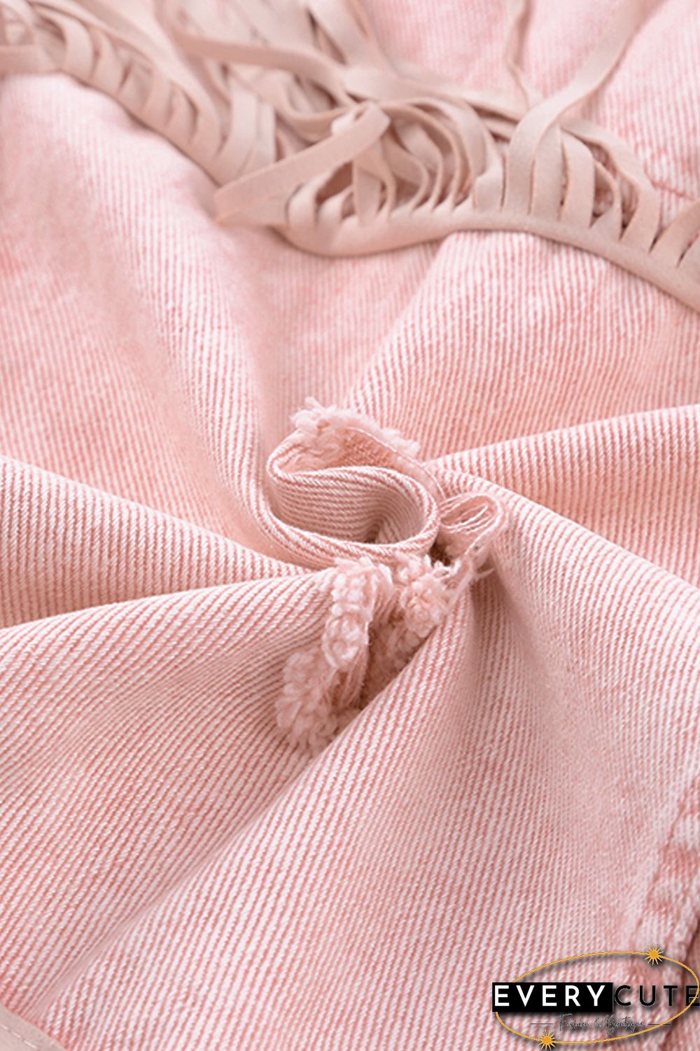 Pink Distressed Fringed Cropped Denim Jacket
