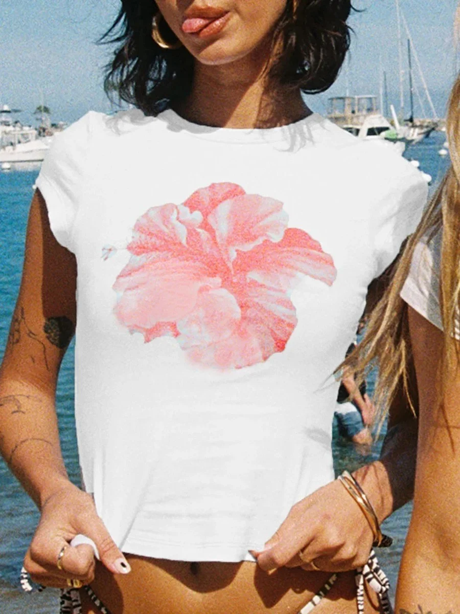 Athvotar Athvotar New Flower Print Short-Sleeved T-Shirt Girl Sexy Hottie Breathable Top
