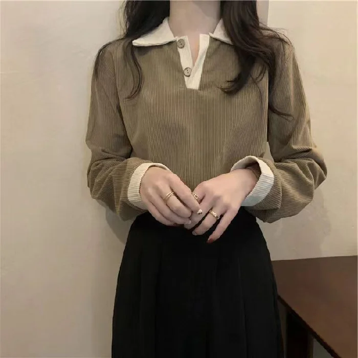 Brownm Brownm 2023 New Thin Lapel POLO Long-Sleeved T-Shirt Women's Versatile Show Thin Ins With Student Top Fashion