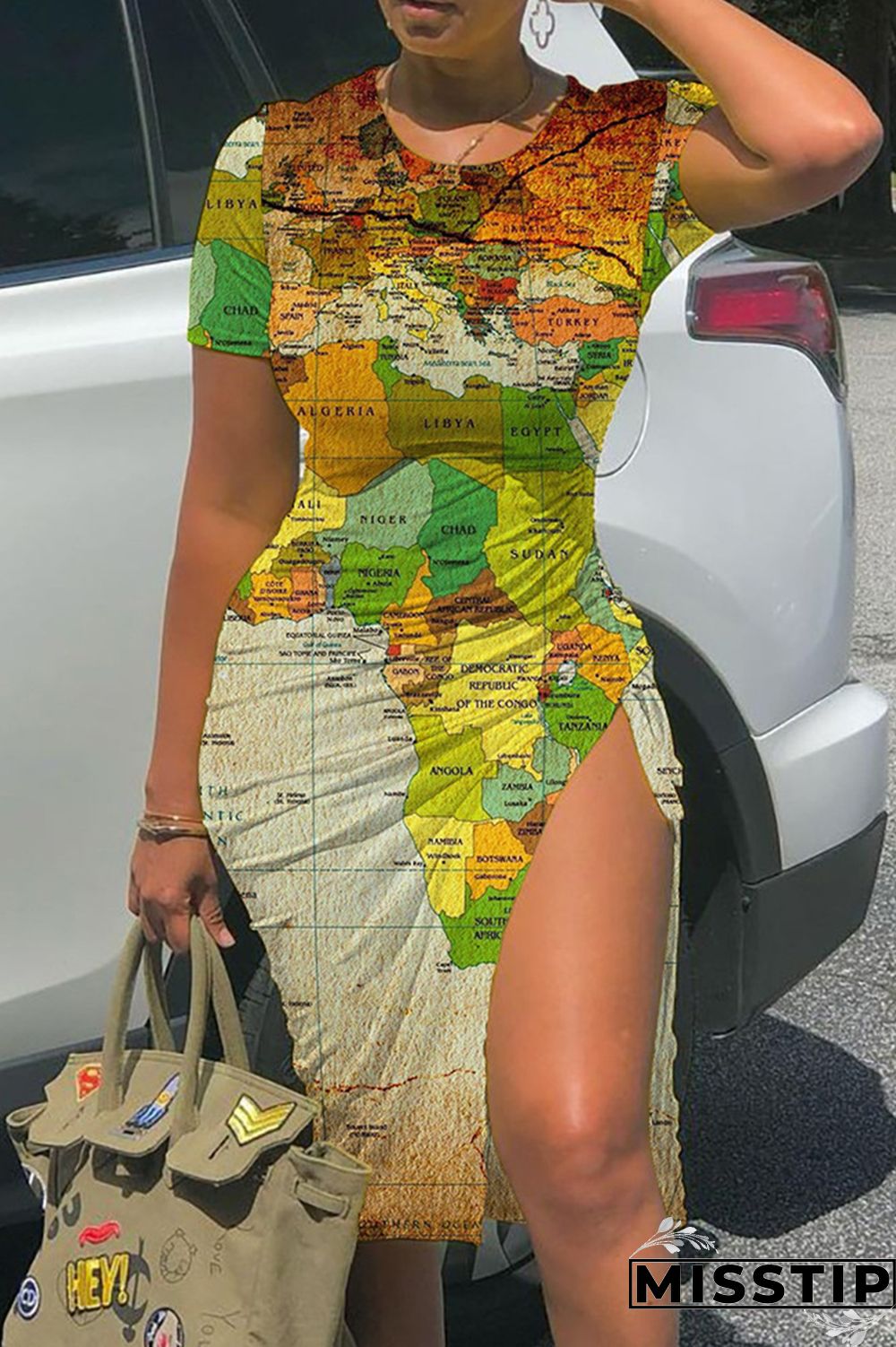 Red Yellow Casual Print Slit O Neck Short Sleeve Dress