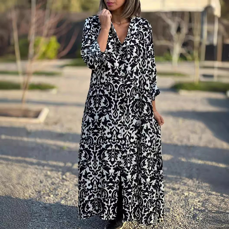 Women's Elegant Square Neck Long Sleeve Printed Shirt Skirt Dress