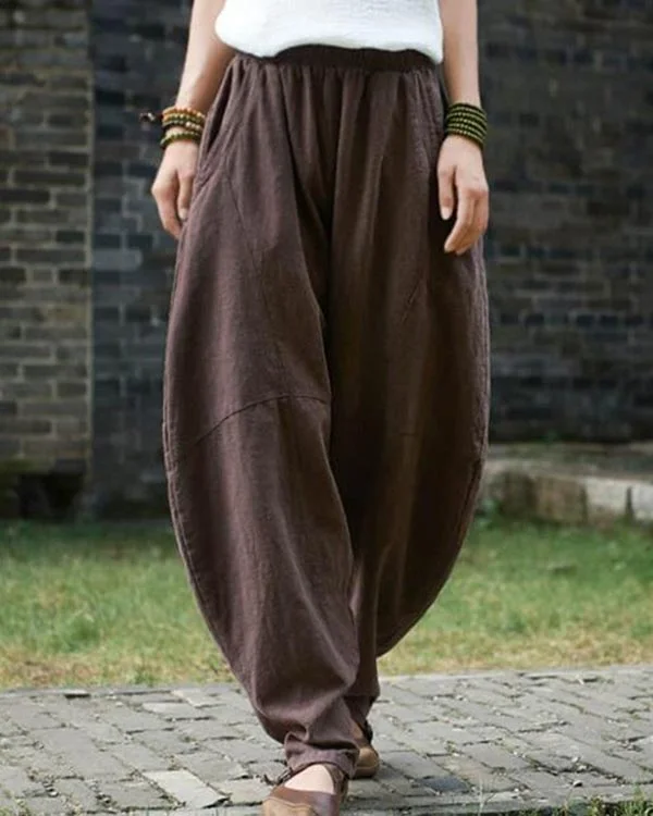Cotton and Linen Loose Casual Pants for Women Spliced with Solid Color Pants
