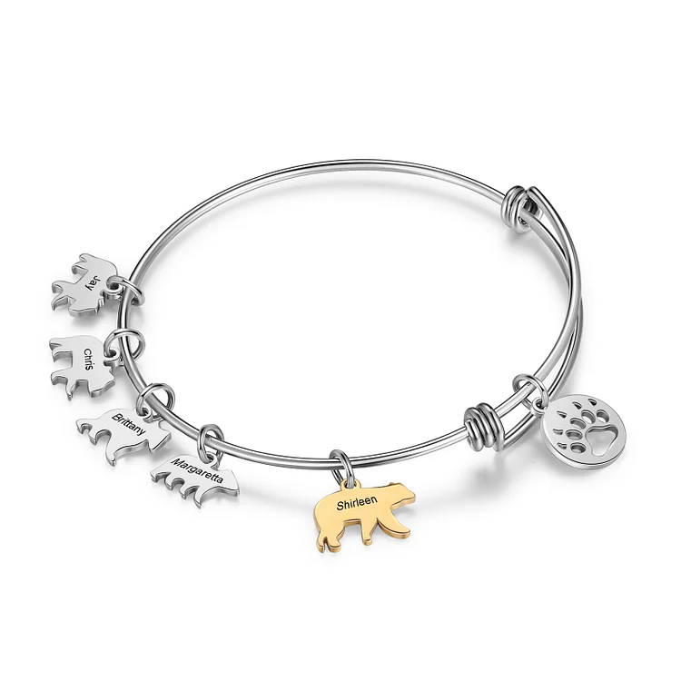 Personalized Mama Bear Charm Bangle Bracelet Engrave 4 Kids Names
