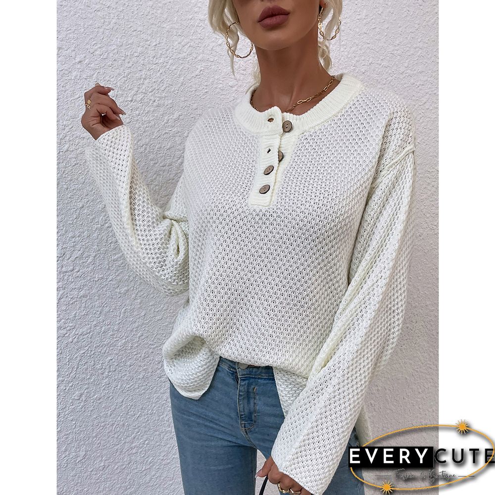 Beige Button-up Crew Neck Drop Shoulder Knit Sweater
