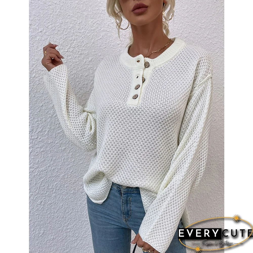 Beige Button-up Crew Neck Drop Shoulder Knit Sweater