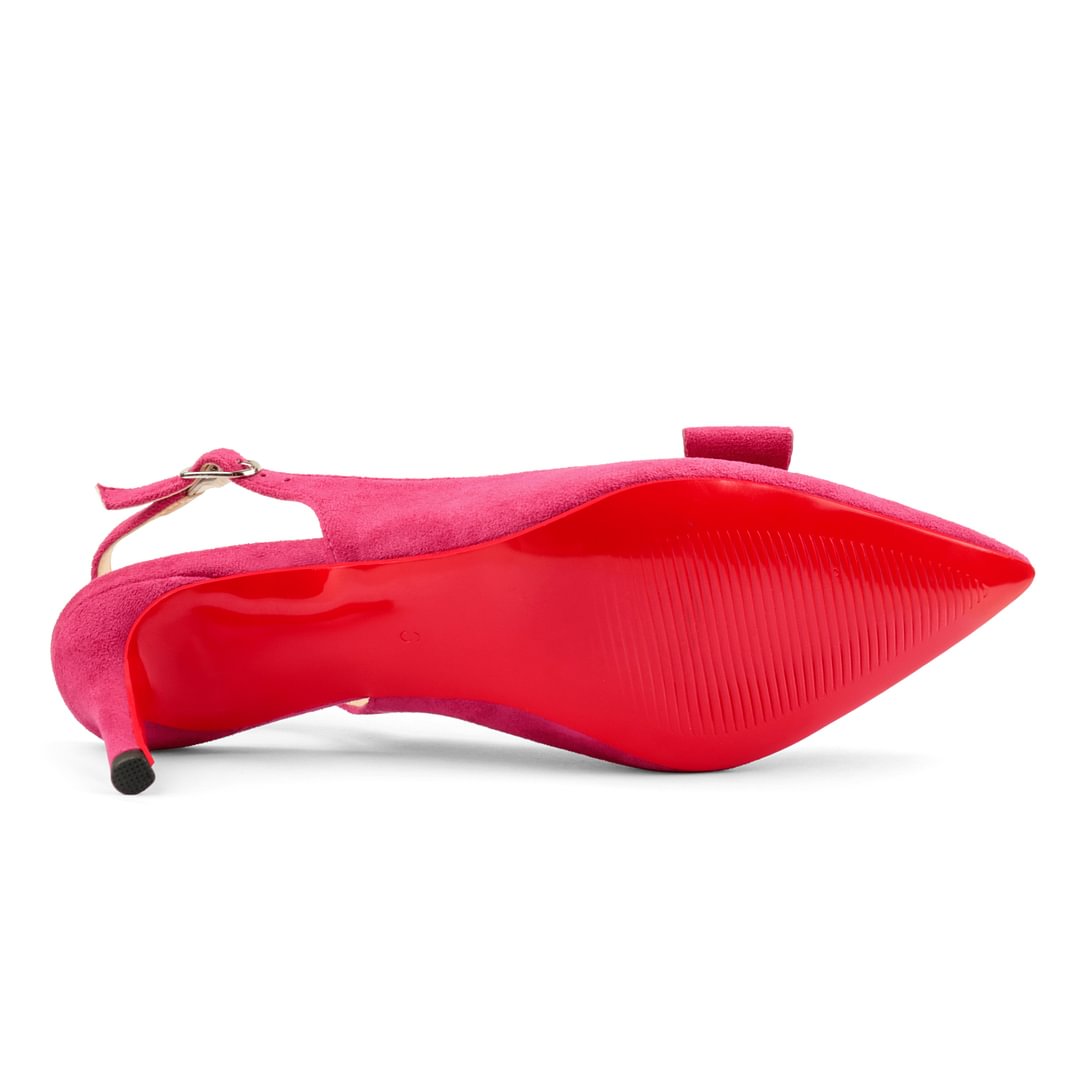 60mm Women's Pointed Toe Kitten Heels Bow-Knot Slingback Pumps Red Bottom Suede Sandals-MERUMOTE