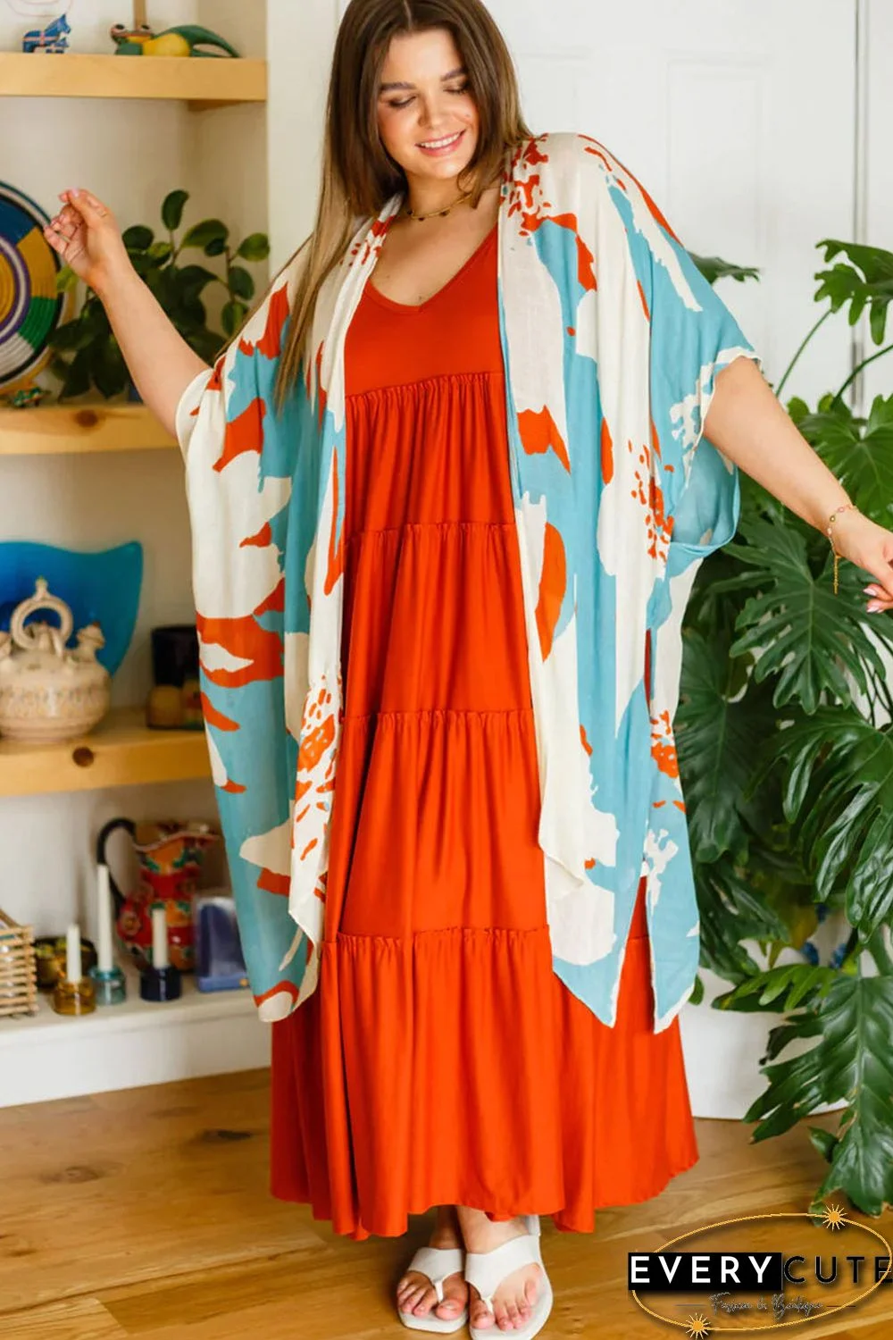 Sky Blue Plus Size Abstract Print Sweeping Kimono