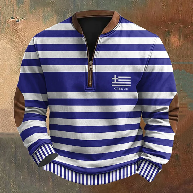 Utbros Men's Greece Flag Stripes Print Zip Sweatshirt