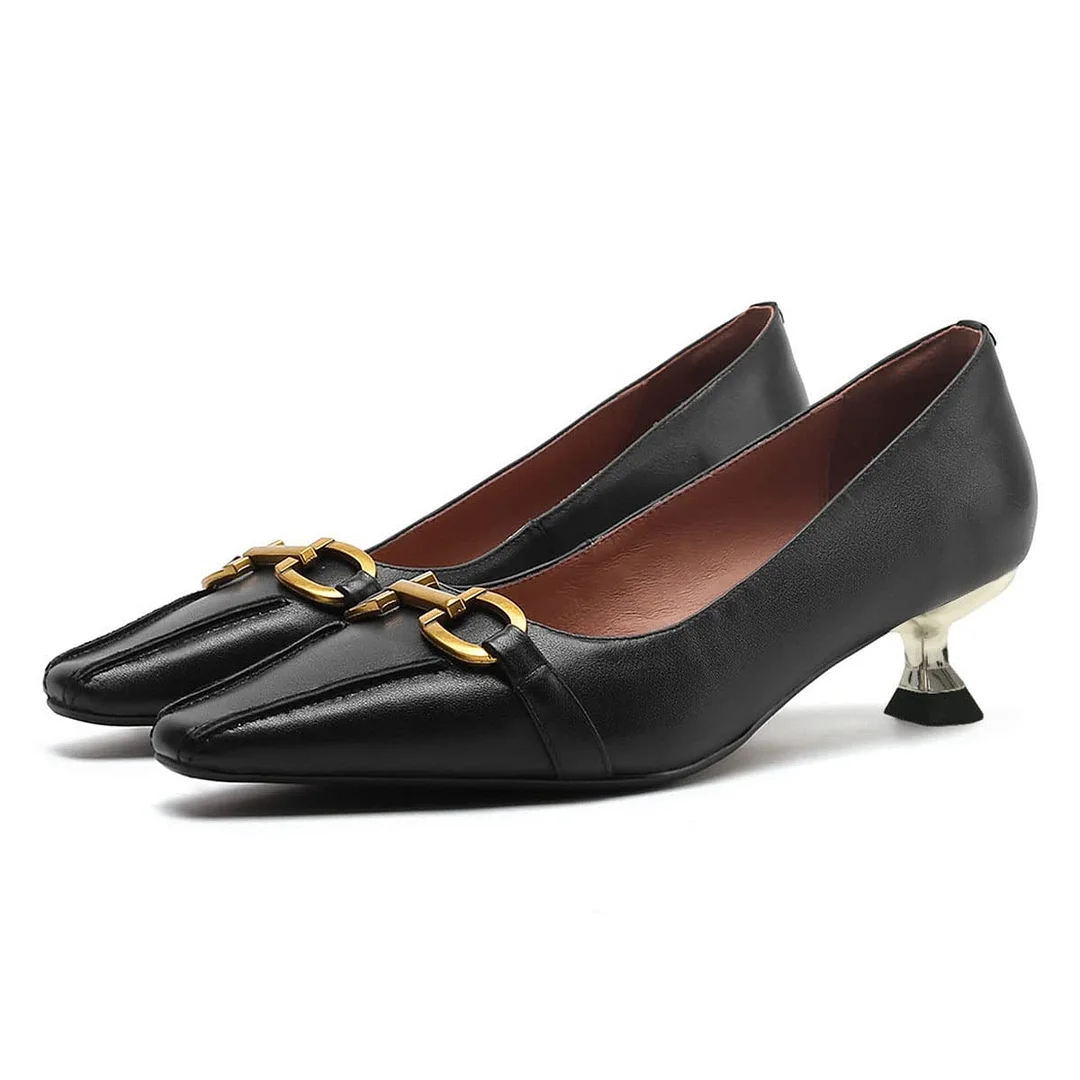Pointed Toe Slip On Low Kitten Heel Horsebit Black Pumps for Women