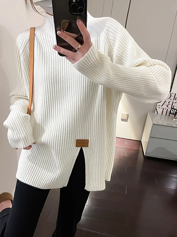 Split-Front Loose Long Sleeves Mock Neck Sweater Tops Pullovers