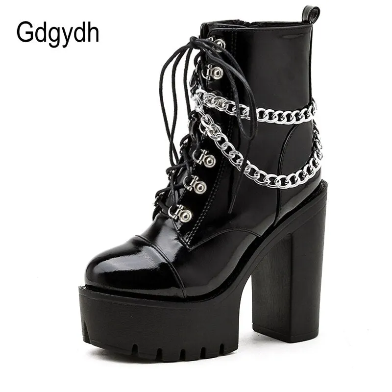 Gdgydh Black Gothic Women Shoes Autumn Ladies Ankle Boots High Heels Sexy Chain Punk Style Patent Leather Boots For Party Zipper