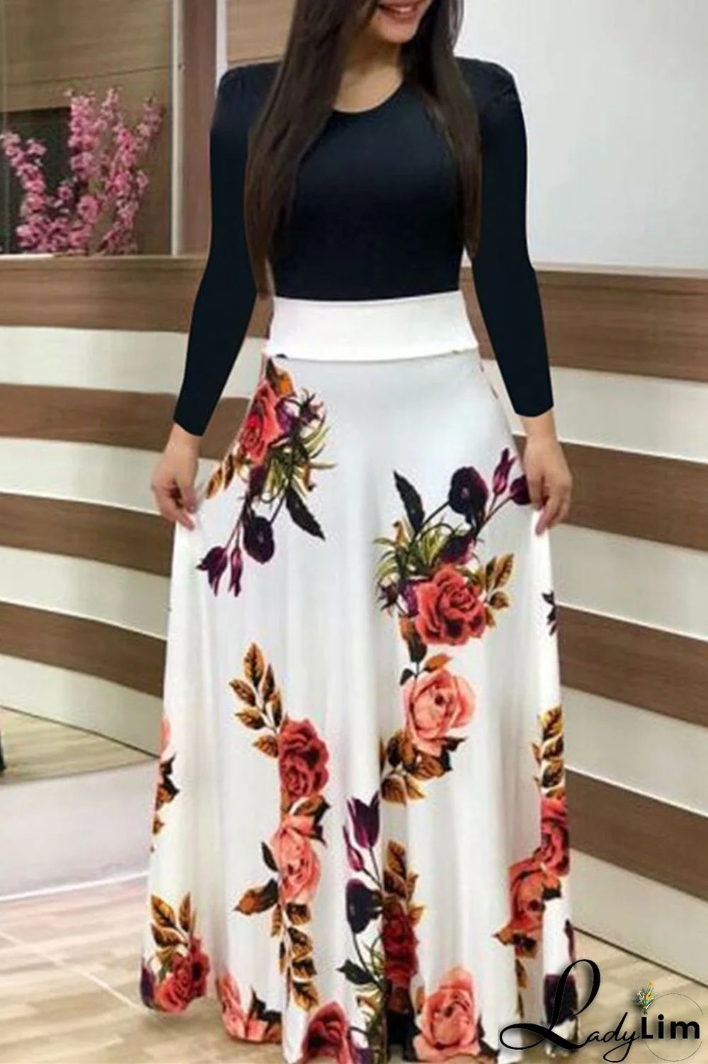 Black White Fashion Casual Print Split Joint O Neck Long Sleeve Dresses