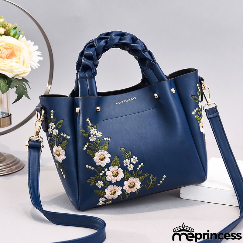 Women Vintage Flower Design Graphic Pattern Solid Color Large Capacity Shoulder Handle Bag