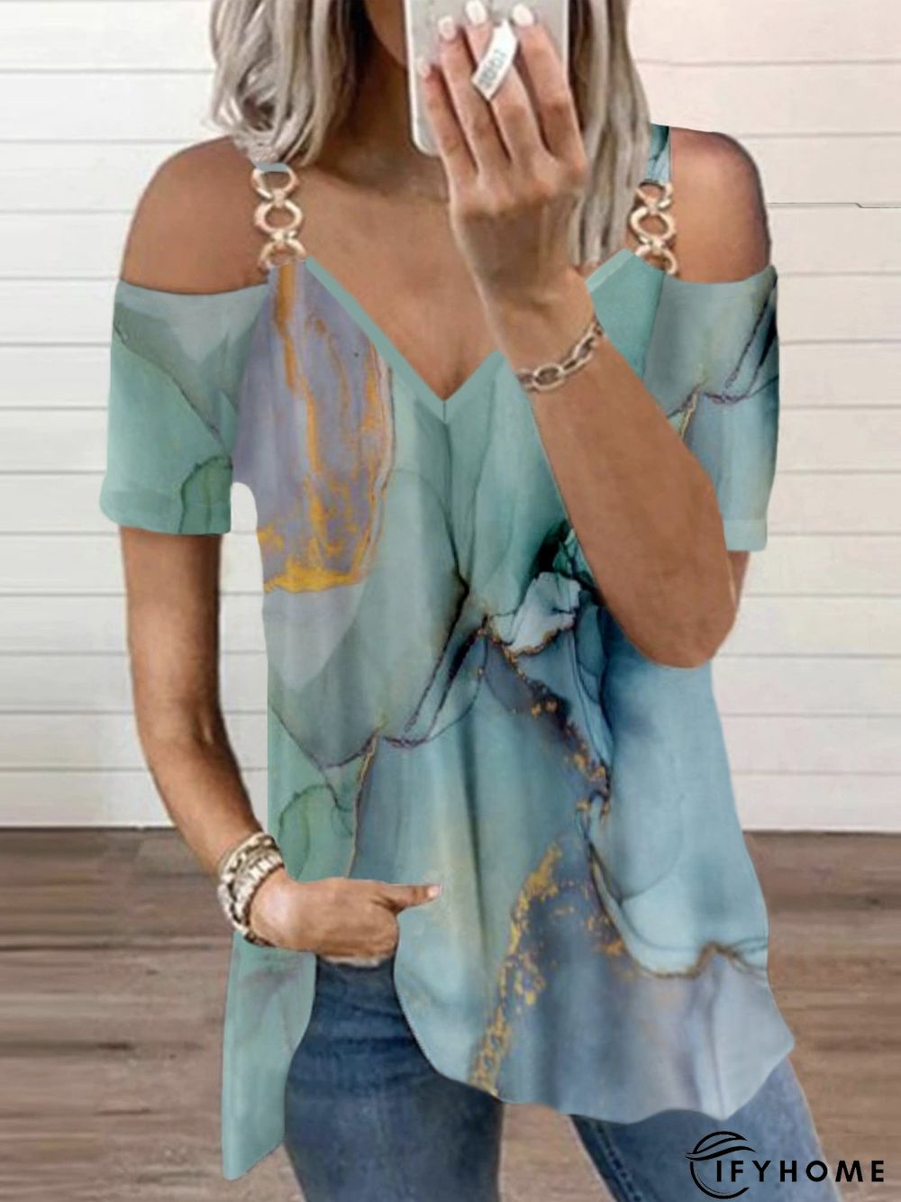 Abstract Printed Casual V Neck Short Sleeve Casual Tunic T-Shirt | IFYHOME