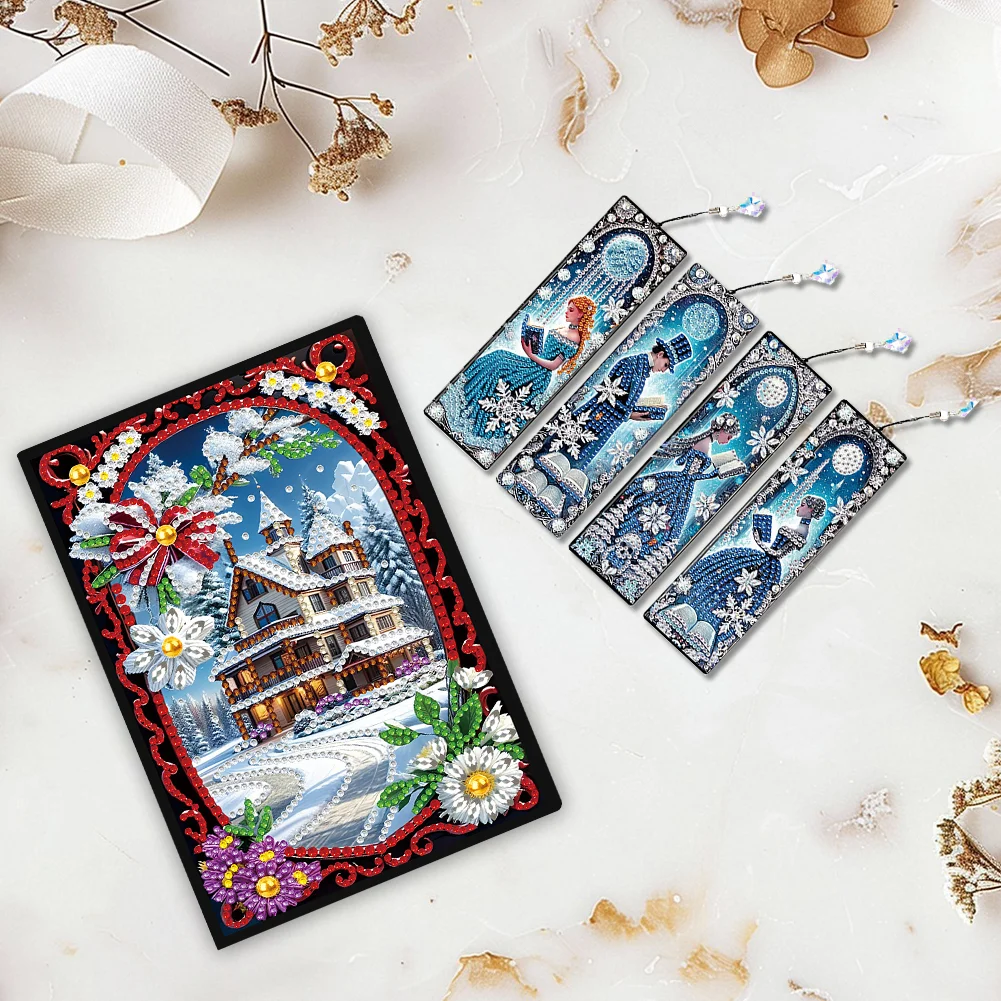 Christmas House A5 Size Diamond Painting Notebook Set with 4Pcs Bookmark Gift