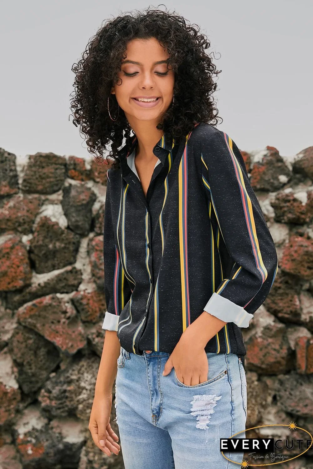 Yellow Charcoal Striped Modern Women Shirt
