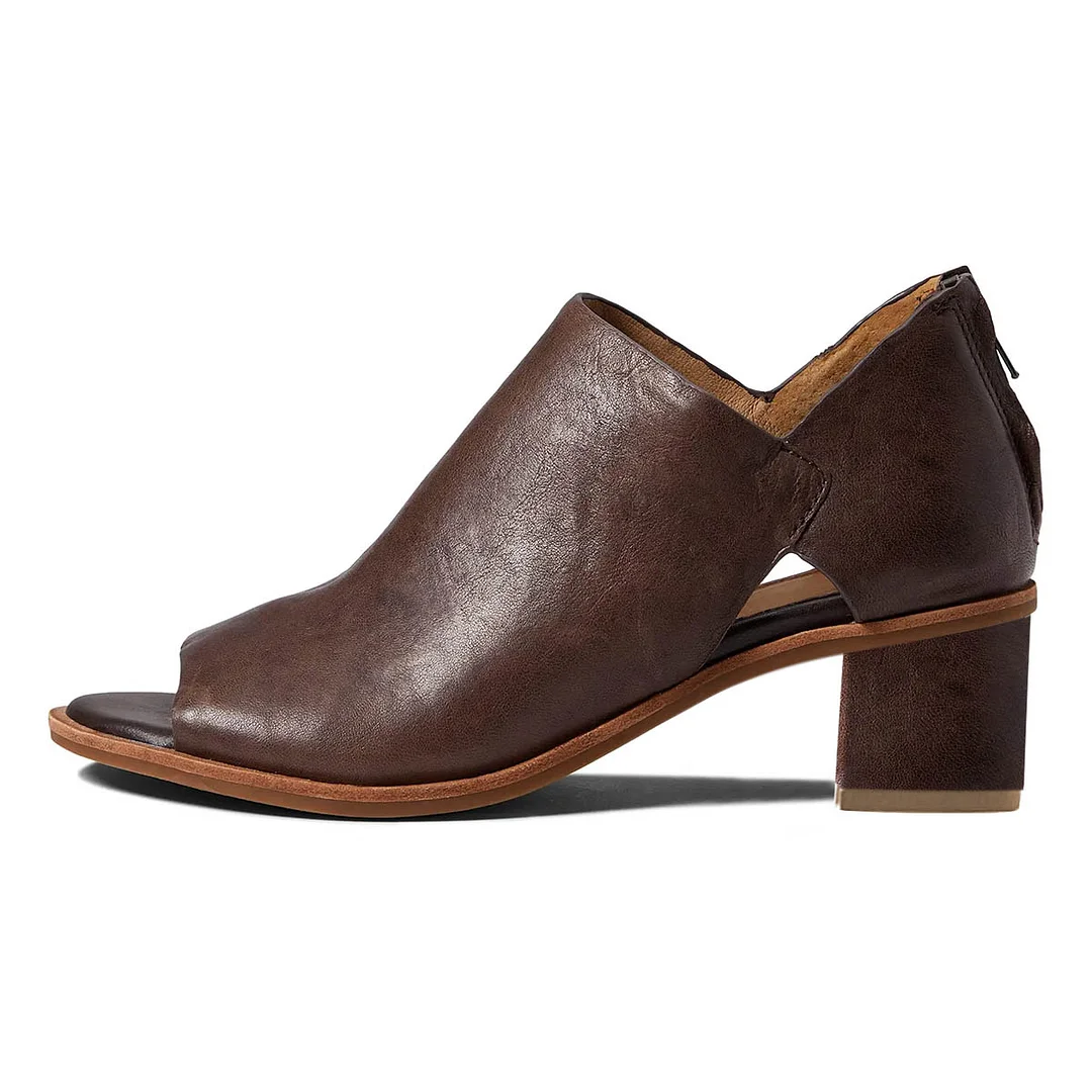 Brown Vegan Suede Cut-Out Block Heel Peep Toe Boots with Back Zipper