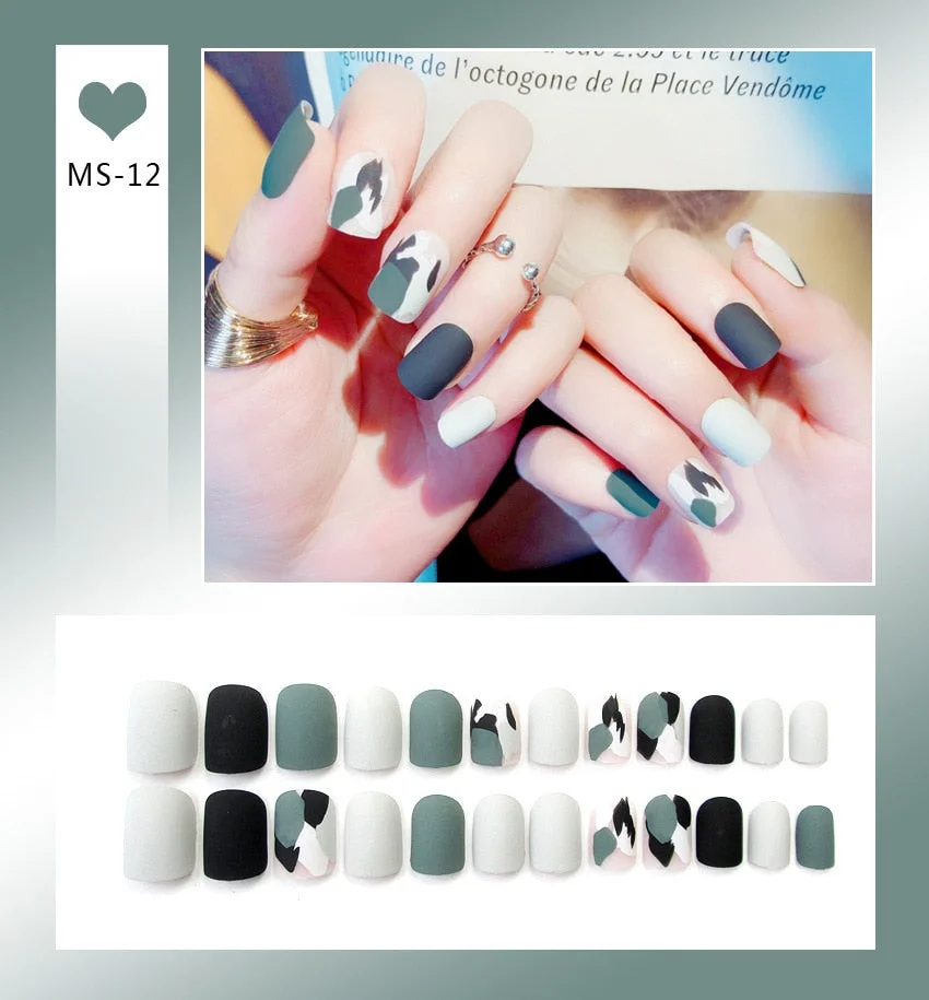 24pcs Matte False Nail Press On Nail With Glue Round Graffiti Fake Nail Manicure Nail Art Decoration  Nail Art Tools-Nail Inspo