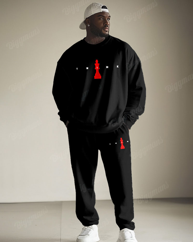 Men's Simple Black Think Letter Print Plus Size Round Neck Sweatshirt Suit