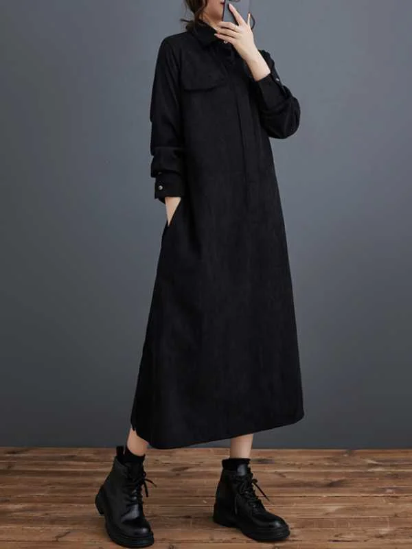 Loose Corduroy Split Midi Dress - yankia
