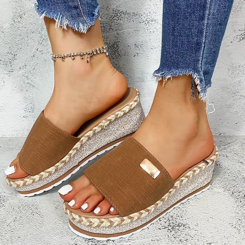 Women's Summer Sweet Pearl Platform Wedges Sandals Comfort Fish Mouth Weave Shoes - VSMEE