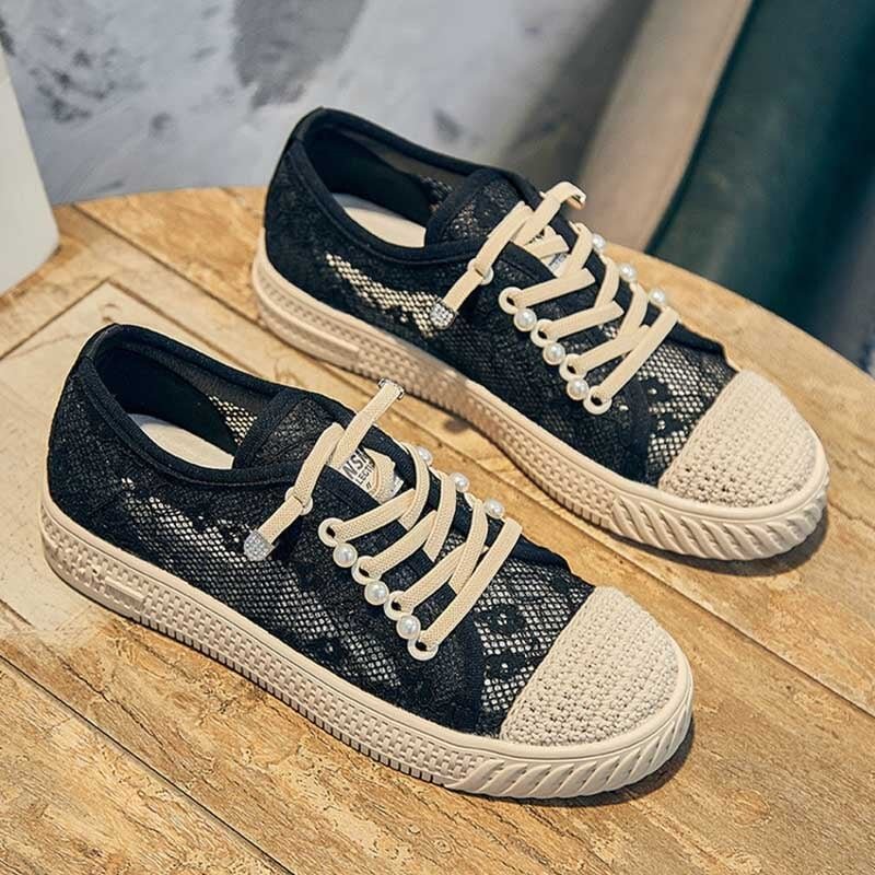 CXJYWMJL Women Sneakers Pearl Decoration Lace Flats Summer Mesh Casual Sneakers Ladies Sports Vulcanized Shoes Fisherman Shoes