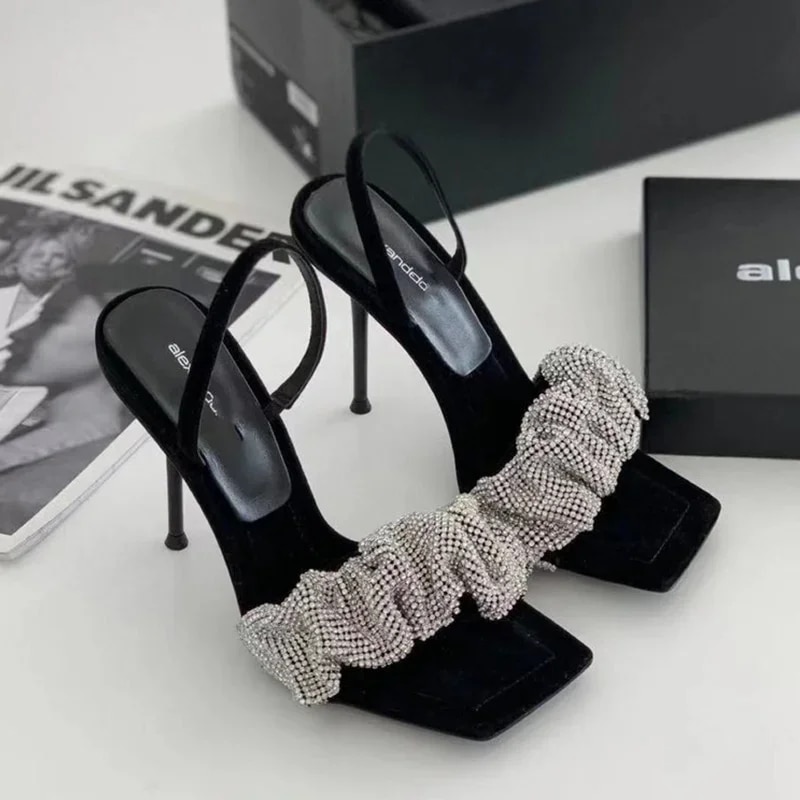 2024 New Summer Fashion Design PU High Heels Women's Shoes Square Toe 7 Cm Non Slip Rhinestone Pumps Bling Women Sandals