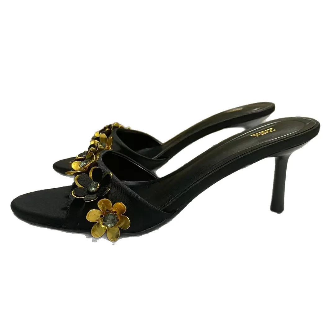 Breakj Breakj Home 2025 New Cow Skin Flowers Exposed Toe And Cool Slippers Outside Wearing High Heels Sandals Women