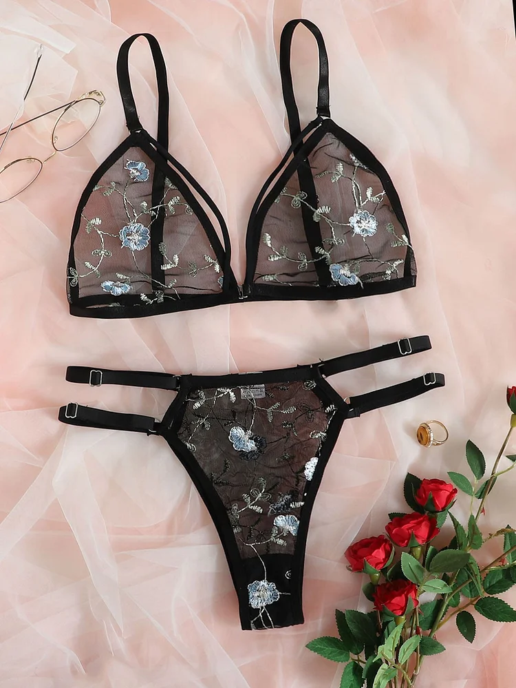 Floral Embroidered Mesh Cut-out Lingerie Set