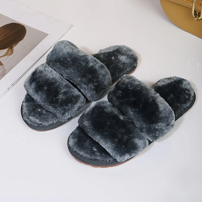 Fluffy Slippers Women Cozy Faux Fur Indoor Floor Slides Flat Soft Furry Shoes Women Home Slippers Female Winter Warm Flip Flops