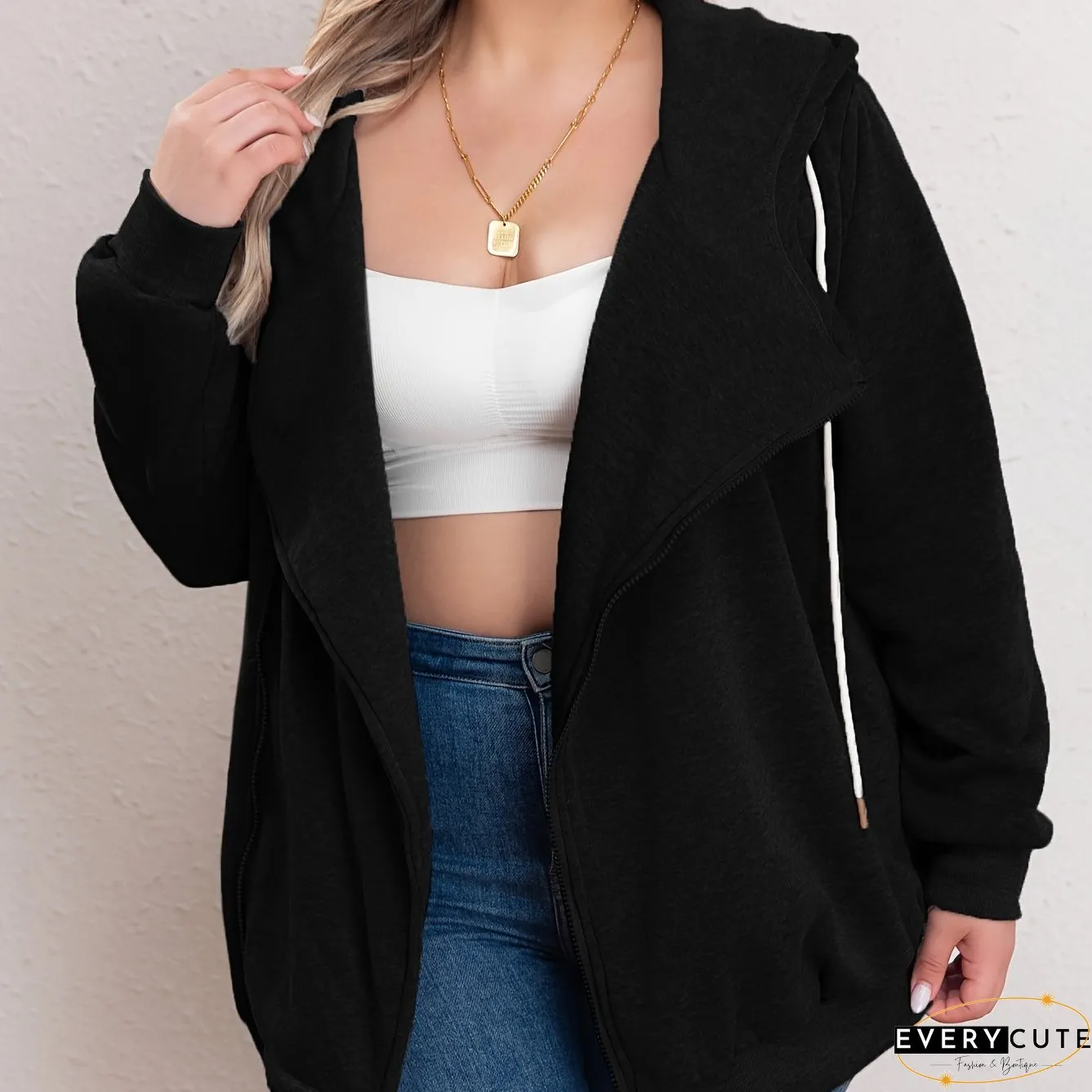 Plus Size Casual Sweatshirt, Women's Plus Solid Zipper Front Long Sleeve Drawstring Hooded Sweatshirt
